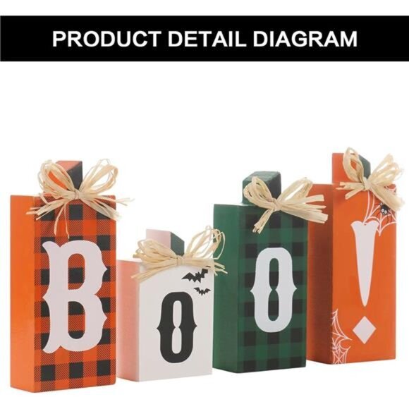 4PCS Wooden Boo Sign Block -Halloween Tabletop Decorations for Farmhouse & Party - Picture 3 of 7